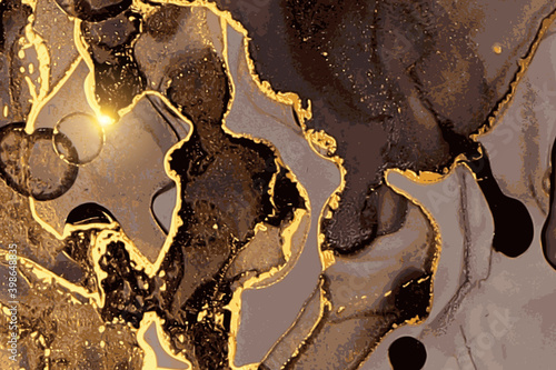 Black, yellow and gold marble abstract pattern. Alcohol ink technique stone texture. Vector background. Modern paint with glitter. Banner, poster design template.