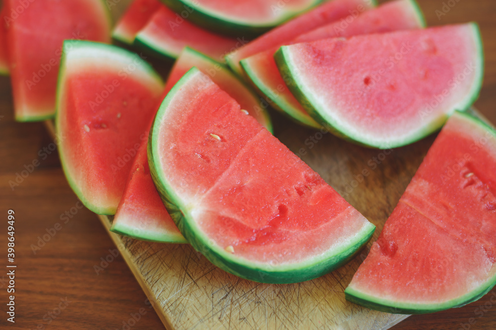 Bright red fresh watermelon slices top view.