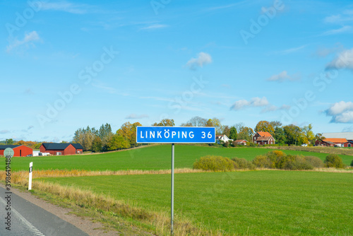 Photos Linköping city in Sweden road sign on sunny day. Sweden