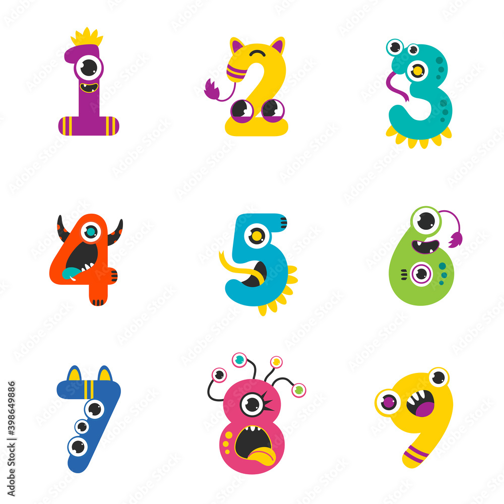 Funny Monsters Colorful Numbers Set, Cute Fantasy Aliens in the Shape of Numerals, Mathematics, Learning Material for Kids Cartoon Style Vector Illustration Funny Monsters Colorful Numbers Set, Cute Fantasy Aliens in the Shape of Numerals, Mathematics, Learning Material for Kids Cartoon Style Vector Illustration