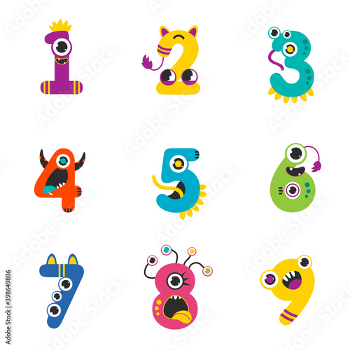 Funny Monsters Colorful Numbers Set, Cute Fantasy Aliens in the Shape of Numerals, Mathematics, Learning Material for Kids Cartoon Style Vector Illustration