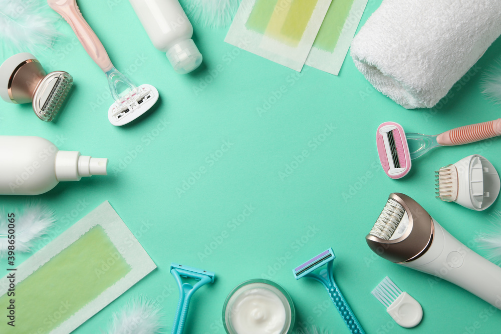 Different shaving accessories on mint background, space for text Different shaving accessories on mint background, space for text