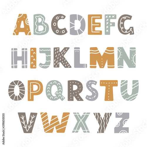 Vector hand drawn colored alphabet in scandinavian style on white background. . Children illustration for cards, posters, room decor, clothes, interior.	