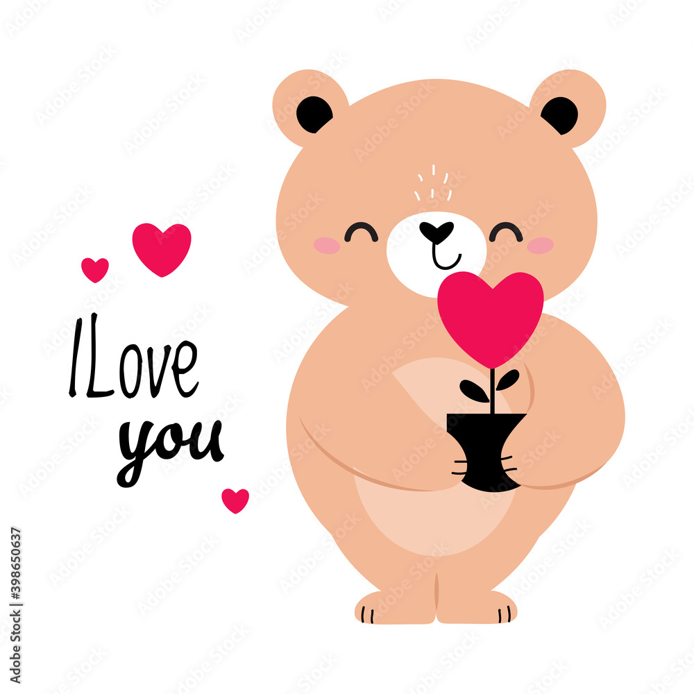 Obraz premium Brown Bear Holding Pot with Flowering Heart as Valentine Day Celebration Vector Illustration