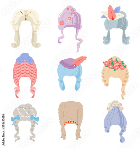 Set of historical women wigs or hairstyles.