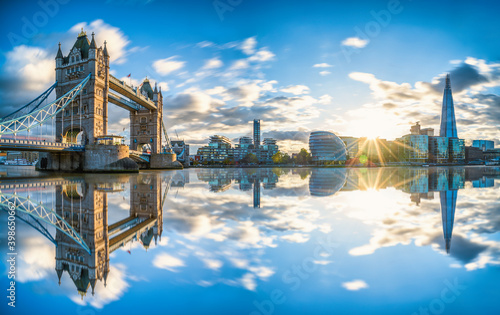 Tower Bridge sunset panorama  with reflection in London. England