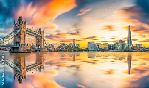 Photography Tower Bridge sunset panorama reflected in river Thames. London