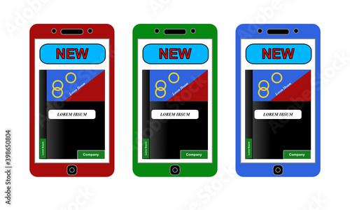 Drei Smartphones nebeneinander in den RGB Farben rot, grün und blau vor weißem Hintergrund