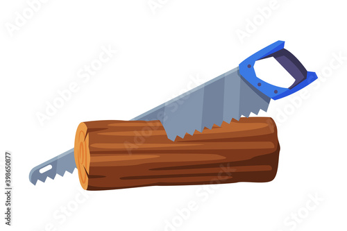 Saw with Toothed Edge Cutting Log Vector Illustration