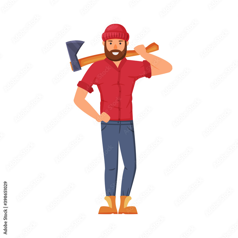 Man Lumberjack in Red Shirt Standing with Wood Chopper on His Shoulder Vector Illustration