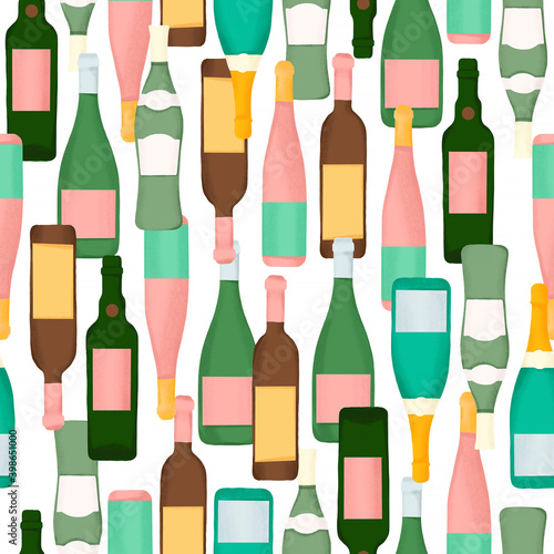 Seamless pattern on a white background: lots of alcohol bottles of different shapes, sizes and colors.