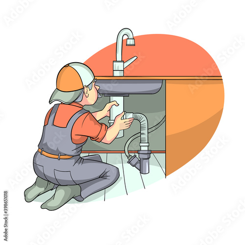 a male plumber installs a new siphon under the sink