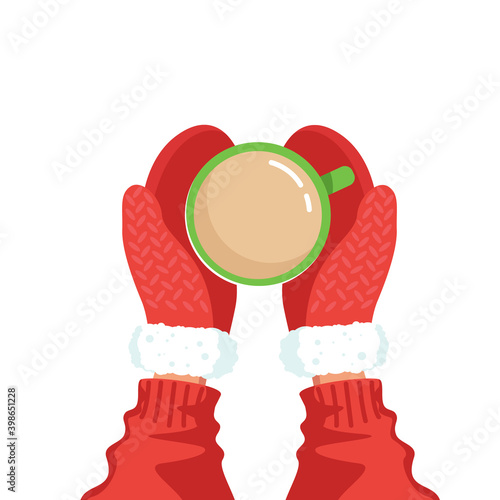 Hands in red mittens hold a cup with a hot drink isolated on a white background, top view. Vector stock illustration.