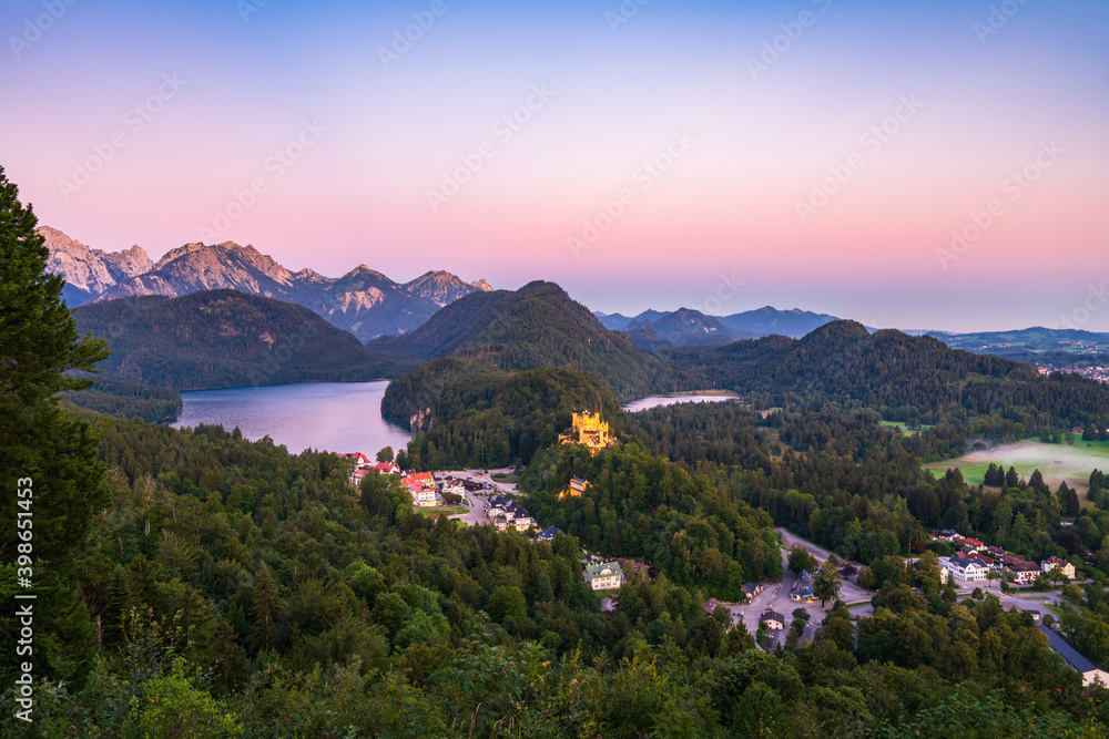 Aerial view of Alpsee with Hohenschwangau castle, Bavaria, Germany