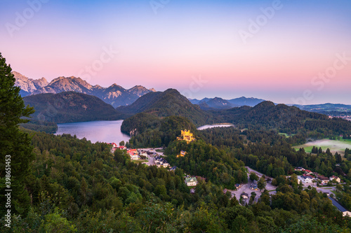 Aerial view of Alpsee with Hohenschwangau castle, Bavaria, Germany