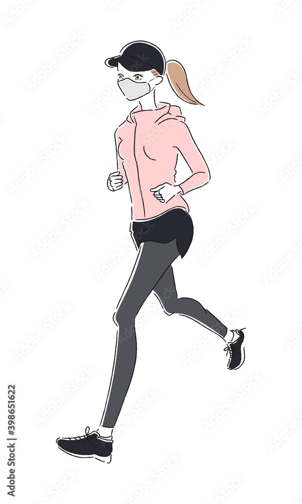 ジョギングしてる若い女性のイラスト 健康の為に走ってる女性 ウィルス感染予防の為にマスクをしてる Stock Vector Adobe Stock
