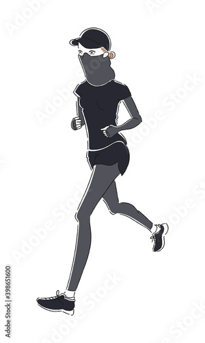 ジョギングしてる若い女性のイラスト。健康の為に走ってる女性。ウィルス感染予防の為にマスクをしてる。