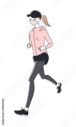 ジョギングしてる若い女性のイラスト。健康の為に走ってる女性。ウィルス感染予防の為にマスクをしてる。