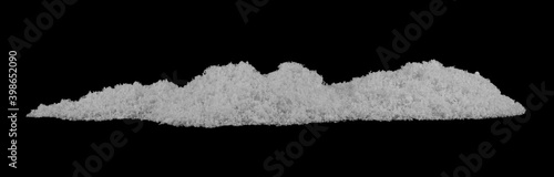 Pile of white fluffy snow isolated on black background.