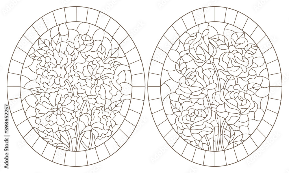 Set of contour illustrations of stained glass Windows with bouquets of roses and peonies, dark outlines on a white background, oval images