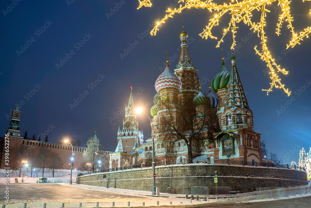 Christmas in Moscow. Saint Basil's Cathedral in Red Square in winter at night, Moscow, Russia.