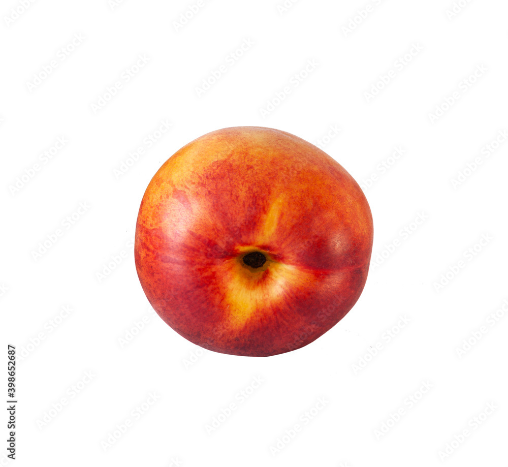 Peach or nectarine and peach slice with leaf on white background Peach or nectarine and peach slice with leaf on white background