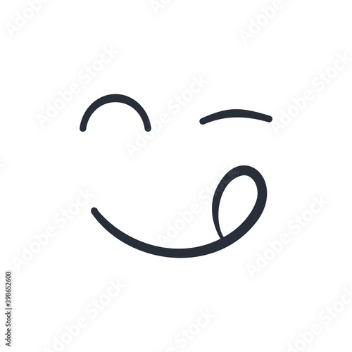  Gourmet. Yummy smiley emoticon with tongue lick mouth. Tasty food eating emoji face. Delicious cartoon  on white background. Smile face line design. 