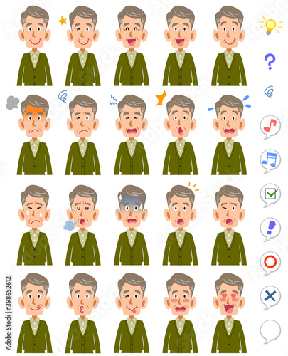 シニアの男性の20種類の表情と上半身
