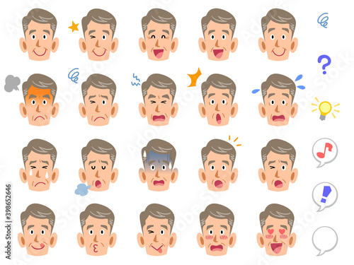 シニアの男性の20種類の表情
