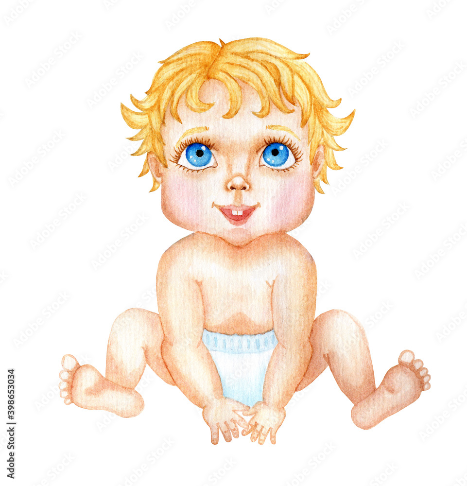 Watercolor cute little baby with big blue eyes sits in a diaper. Children`s cartoon illustration isolated on white background. Drawn by hand. Watercolor cute little baby with big blue eyes sits in a diaper. Children`s cartoon illustration isolated on white background. Drawn by hand.