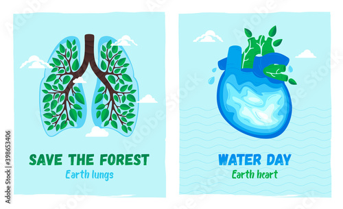 Healthy lungs and anatomical heart. Concept posters for earth day and water day. Save the forest.
