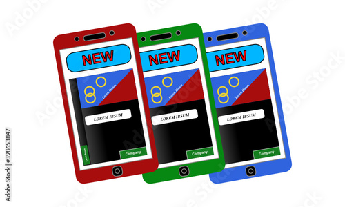 Drei nach links verschachtelte übereinander liegende Smartphones in den RGB Farben rot, grün und blau vor weißem Hintergrund