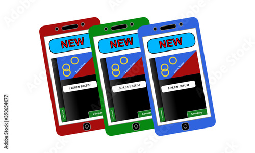 Drei nach links verschachtelte übereinander liegende Smartphones in den RGB Farben rot, grün und blau vor weißem Hintergrund