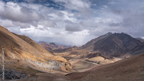 Scenic mountain landscape view at high altitude Ak Baital pass, highest on the Pamir Highway, Murghab, Gorno-Badakshan, Tajikistan