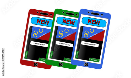 Drei nach rechts verschachtelte übereinander liegende Smartphones in den RGB Farben rot, grün und blau vor weißem Hintergrund