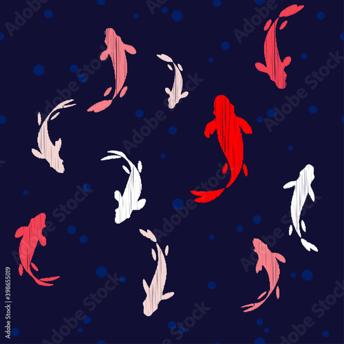 Chinese or Japanese seamless pattern Koi. Carp. Design with manual hatching. Textile. Vector illustration for web design or print.