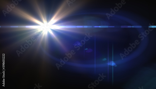 Abstract image of sun burst lighting flare.Beautiful digital lens flare in black background horizontal frame warm
