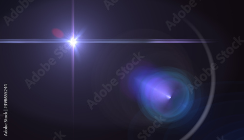 Beautiful blue digital lens flare in black background horizontal frame