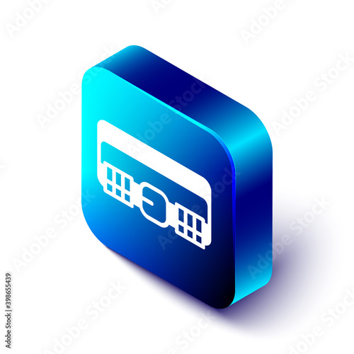 Isometric Hunting cartridge belt with cartridges icon isolated on white background. Bandolier sign. Hunter equipment, armament. Blue square button. Vector.