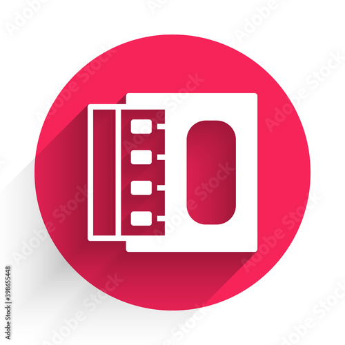 White Open matchbox and matches icon isolated with long shadow. Red circle button. Vector.