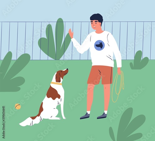 Male owner training his dog to command sit. Trainer teach obedient purebred spaniel in park. Cheerful man or cynologist with puppy on the playground. Flat vector cartoon illustration of trained pet