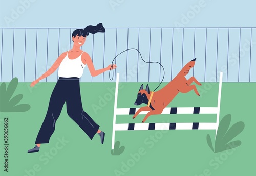 Female owner perform or training dog outdoors at playground. Woman trainer or cynologist with purebred puppy in park. Flat vector cartoon illustration of shepherd jumping across barrier