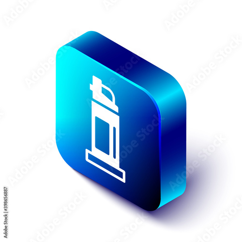 Isometric Pepper spray icon isolated on white background. OC gas. Capsicum self defense aerosol. Blue square button. Vector.