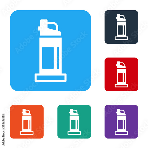 White Pepper spray icon isolated on white background. OC gas. Capsicum self defense aerosol. Set icons in color square buttons. Vector.