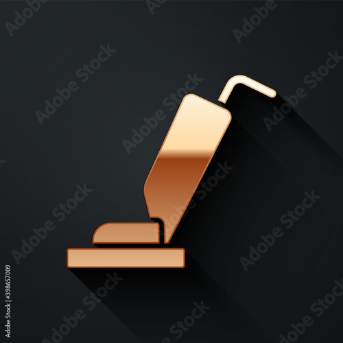 Gold Vacuum cleaner icon isolated on black background. Long shadow style. Vector.