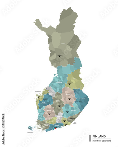 Finland higt detailed map with subdivisions. Administrative map of Finland with districts and cities name, colored by states and administrative districts. Vector illustration.