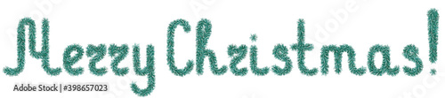Tinsel. Merry Christmas. Lettering from a holiday decoration. Fluffy lettering. Vector illustration. Isolated white background. The decor is emerald. Cute plush message. A rustling wish. 