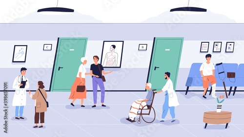 Doctors and patients at clinic. People with nurses in hospital hall. Characters talking to specialists and waiting for appointment in modern medical center. Vector illustration in flat cartoon style