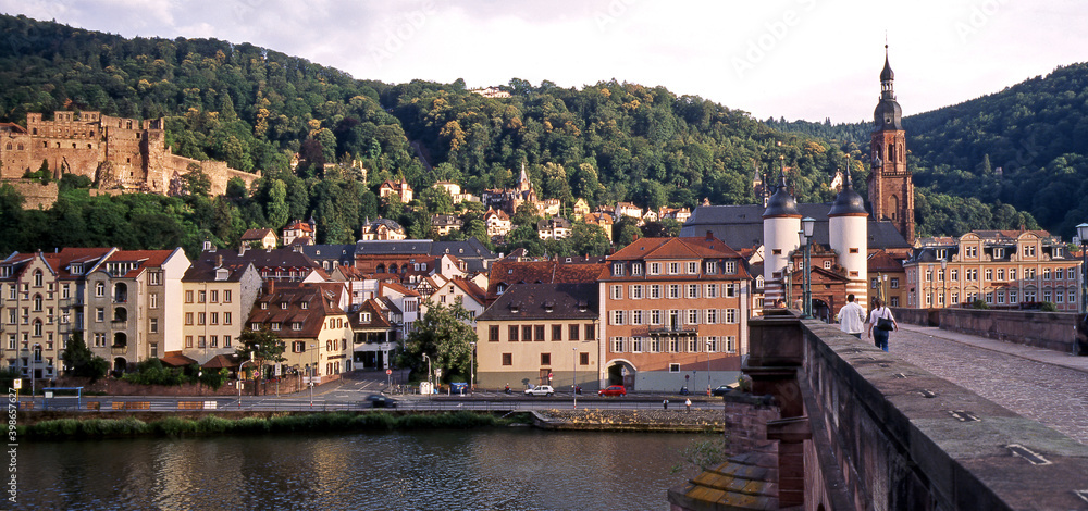 View of Heidelberg old town and Castle with karl theodor bridge (Old Bridge) over the river Neckar during Springtime in Heidelberg, Germany