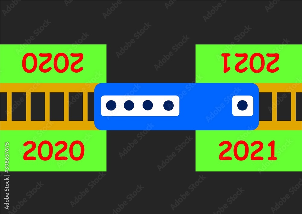 Concept of start new year, Illustration of train is passing through 2020 station to 2021 station, it compares that the time of year 2020 will end and the time of year 2021 will replace it. Concept of start new year, Illustration of train is passing through 2020 station to 2021 station, it compares that the time of year 2020 will end and the time of year 2021 will replace it.